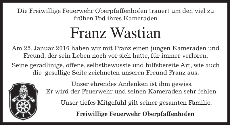  Traueranzeige für Franz Wastian vom 28.01.2016 aus 
