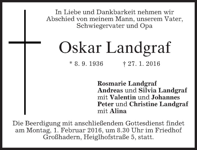  Traueranzeige für Oskar Landgraf vom 29.01.2016 aus 