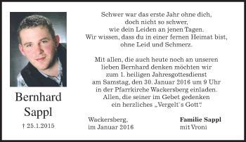 Traueranzeige von Bernhard Sappl 
