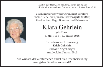 Traueranzeige von Klara Gehrlein 