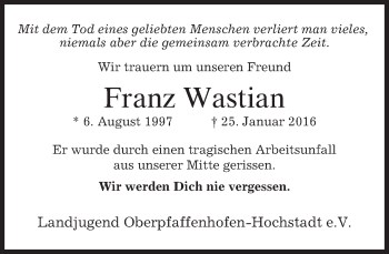 Traueranzeige von Franz Wastian 