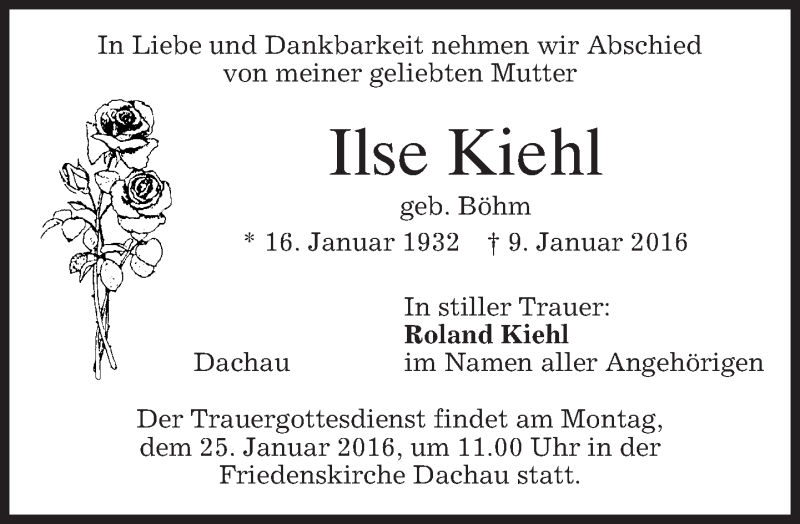  Traueranzeige für Ilse Kiehl vom 22.01.2016 aus 