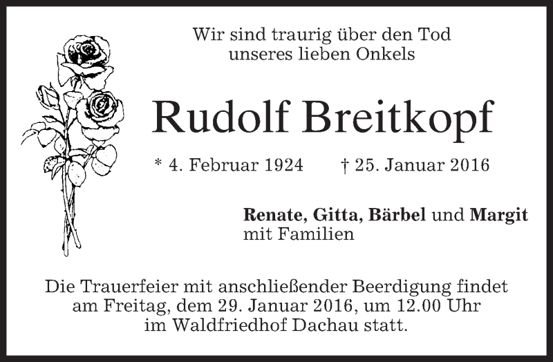  Traueranzeige für Rudolf Breitkopf vom 27.01.2016 aus 