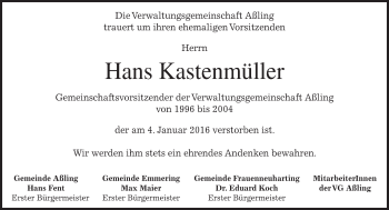 Traueranzeige von Hans Kastenmüller 