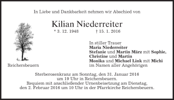 Traueranzeige von Kilian Niederreiter 