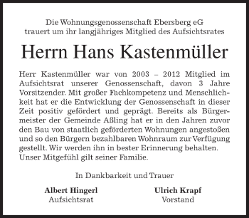 Traueranzeige von Hans Kastenmüller 