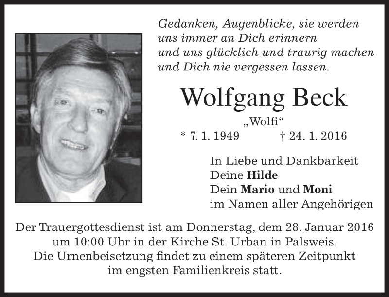  Traueranzeige für Wolfgang Beck vom 26.01.2016 aus 
