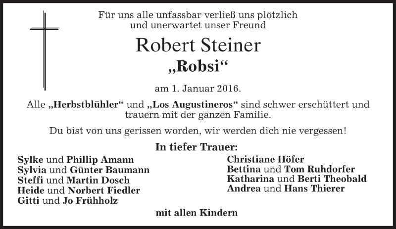  Traueranzeige für Robert Steiner vom 05.01.2016 aus 