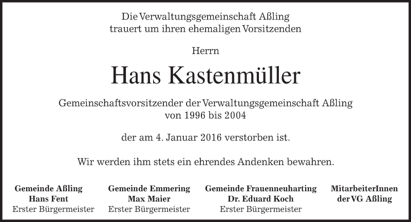  Traueranzeige für Hans Kastenmüller vom 07.01.2016 aus 