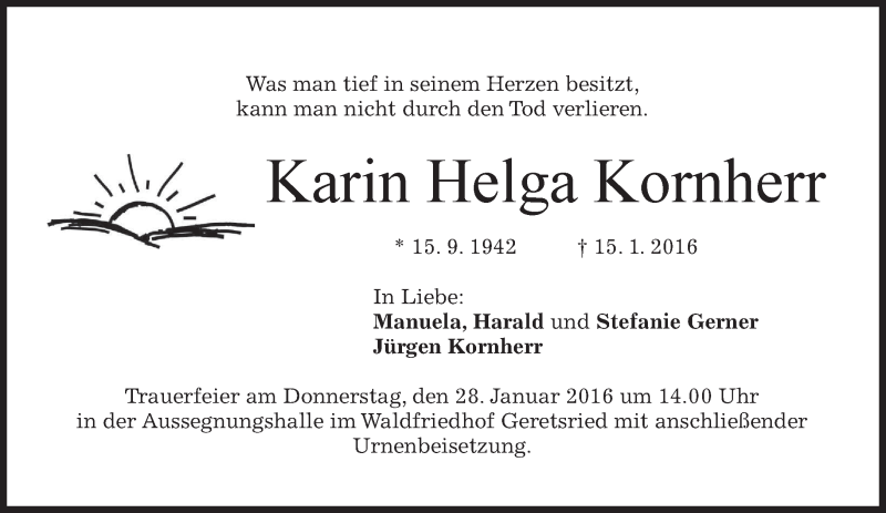  Traueranzeige für Karin Helga Kornherr vom 23.01.2016 aus 
