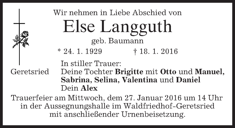  Traueranzeige für Else Langguth vom 23.01.2016 aus 