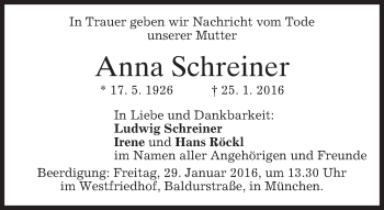 Traueranzeige von Anna Schreiner 