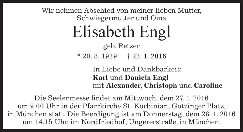  Traueranzeige für Elisabeth Engl vom 26.01.2016 aus 