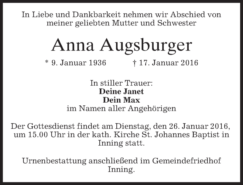  Traueranzeige für Anna Augsburger vom 23.01.2016 aus 