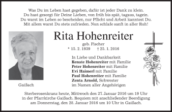 Traueranzeige von Rita Hohenreiter 