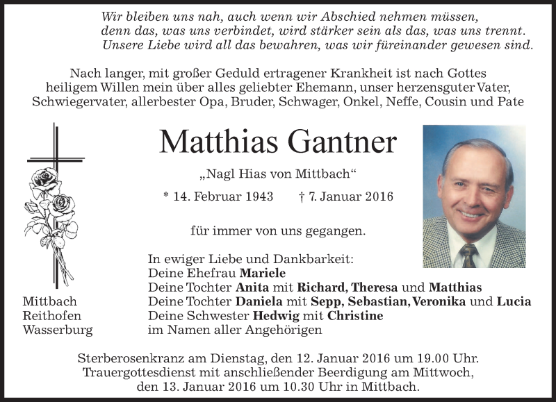  Traueranzeige für Matthias Gantner vom 11.01.2016 aus 