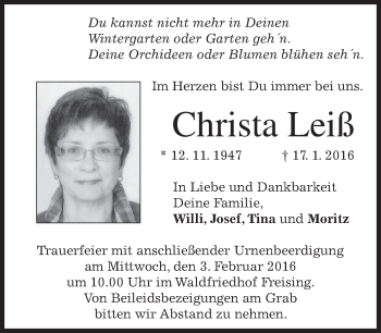 Traueranzeige von Christa Leiß 