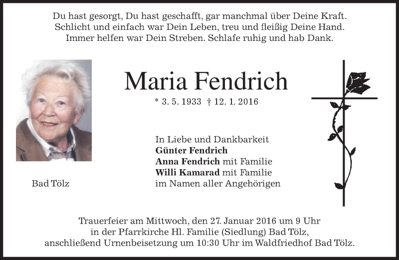  Traueranzeige für Maria Fendrich vom 23.01.2016 aus 