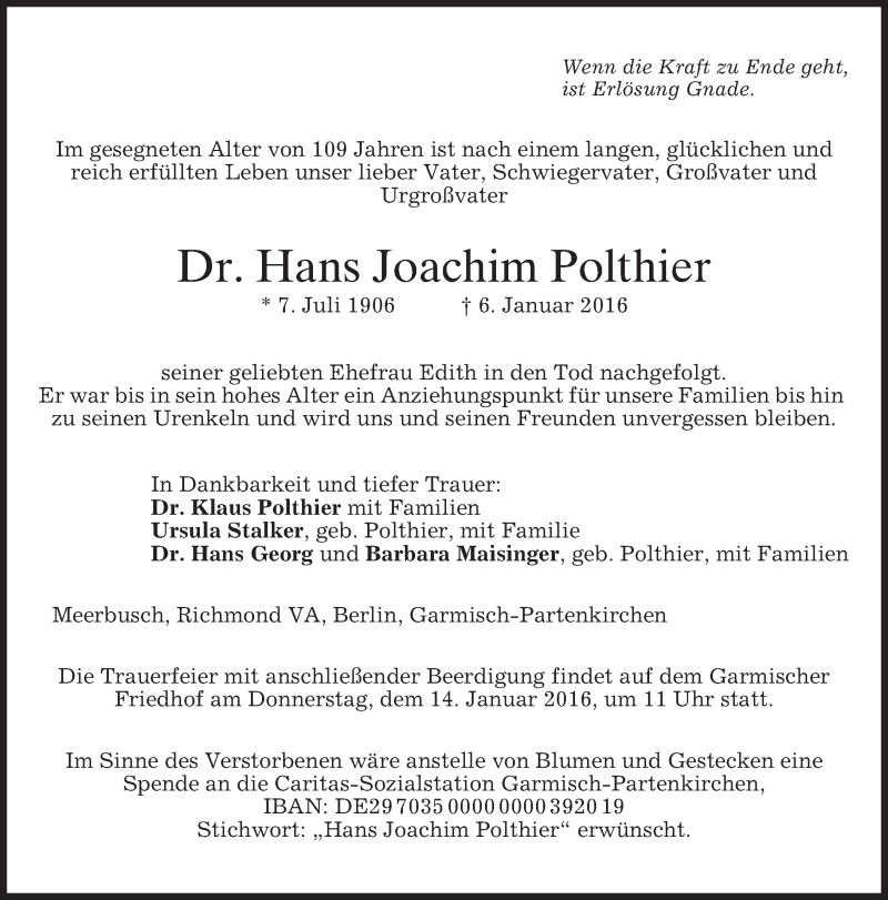  Traueranzeige für Hans Joachim Polthier vom 09.01.2016 aus 