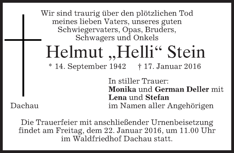  Traueranzeige für Helmut  Stein vom 19.01.2016 aus 