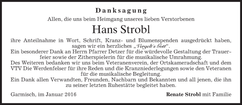  Traueranzeige für Hans Strobl vom 23.01.2016 aus 