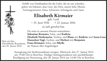 Traueranzeige von Elisabeth Kirmaier 