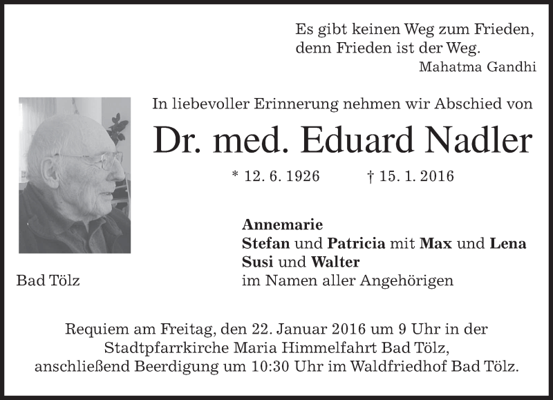  Traueranzeige für Eduard Nadler vom 19.01.2016 aus 