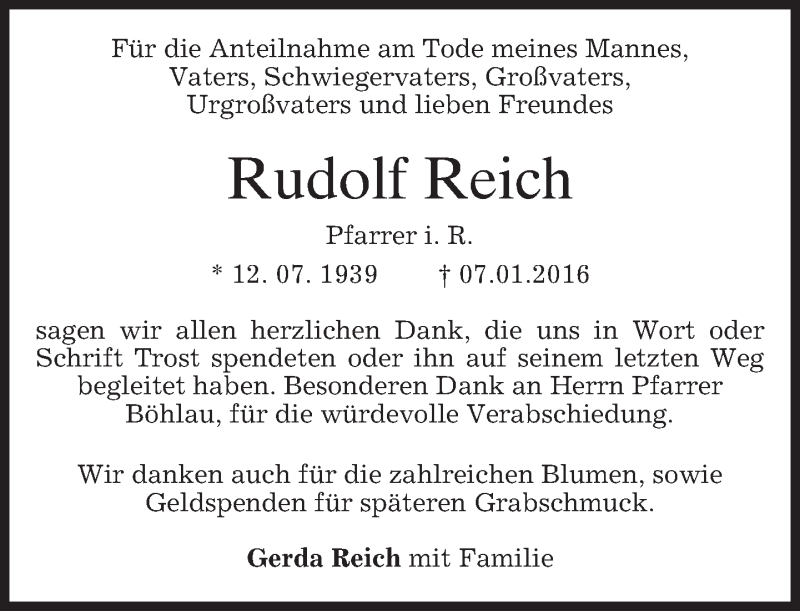  Traueranzeige für Rudolf Reich vom 27.01.2016 aus 