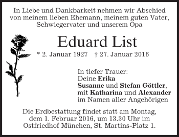 Traueranzeige von Eduard List 