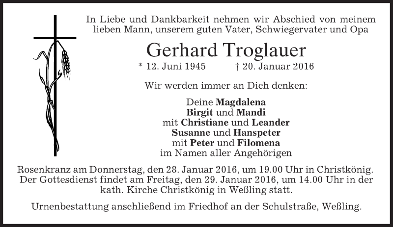  Traueranzeige für Gerhard Troglauer vom 23.01.2016 aus 