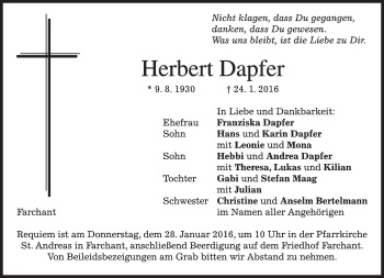 Traueranzeige von Herbert Dapfer 