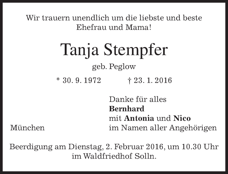  Traueranzeige für Tanja Stempfer vom 30.01.2016 aus 