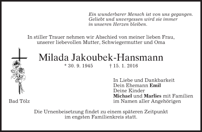  Traueranzeige für Milada Jakoubek-Hansmann vom 23.01.2016 aus 