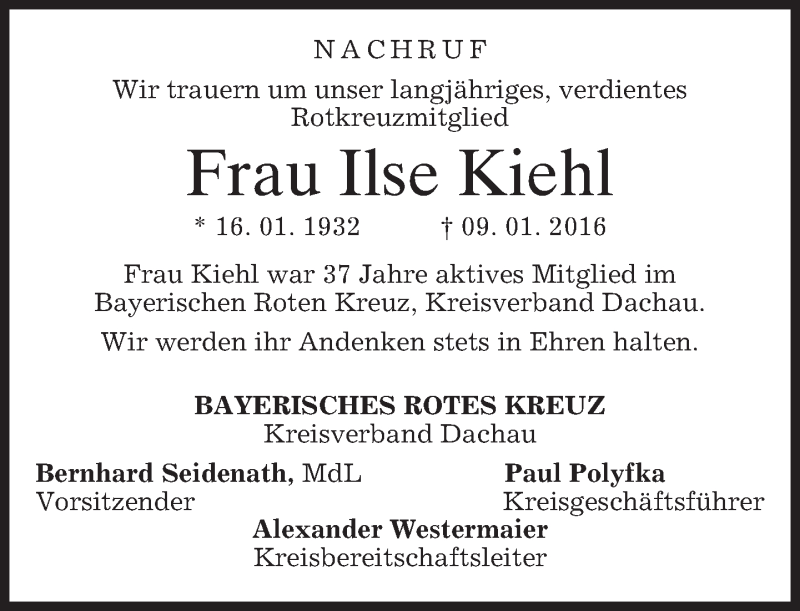  Traueranzeige für Ilse Kiehl vom 28.01.2016 aus 