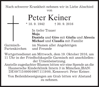 Traueranzeige von Peter Keiner von merkurtz