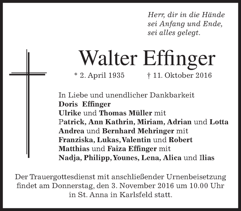  Traueranzeige für Walter Effnger vom 29.10.2016 aus merkurtz