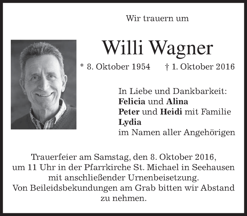  Traueranzeige für Willi Wagner vom 05.10.2016 aus merkurtz