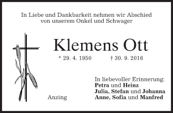 Traueranzeige von Klemens Ott von merkurtz