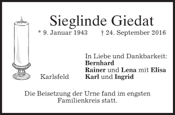 Traueranzeige von Sieglinde Giedat von merkurtz