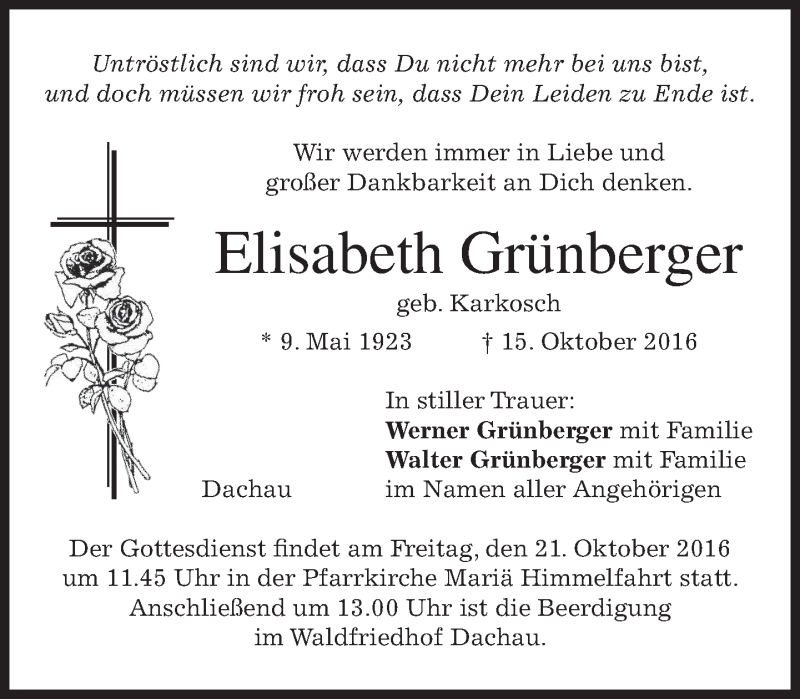  Traueranzeige für Elisabeth Grünberger vom 18.10.2016 aus merkurtz