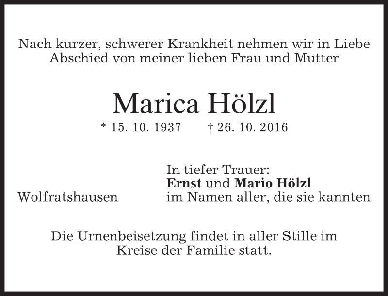  Traueranzeige für Marica Hölzl vom 29.10.2016 aus merkurtz