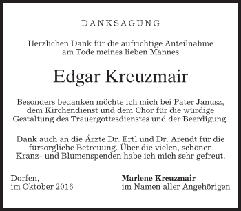 Traueranzeige von Edgar Kreuzmair von merkurtz