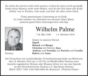 Traueranzeige von Wilhelm Palme von merkurtz