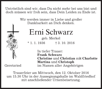 Traueranzeige von Erni Schwarz von merkurtz