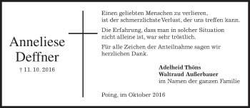 Traueranzeige von Anneliese Deffner von merkurtz