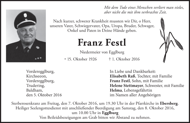  Traueranzeige für Franz Festl vom 05.10.2016 aus merkurtz