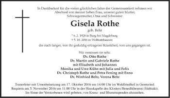 Traueranzeige von Gisela Rothe von merkurtz