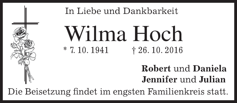  Traueranzeige für Wilma Hoch vom 31.10.2016 aus merkurtz