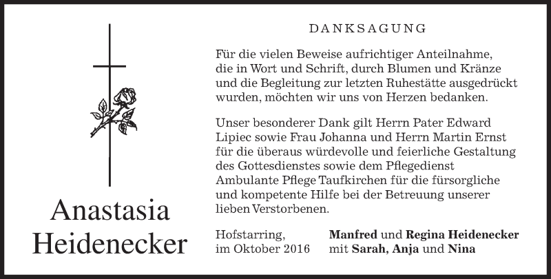  Traueranzeige für Anastasia Heidenecker vom 29.10.2016 aus merkurtz