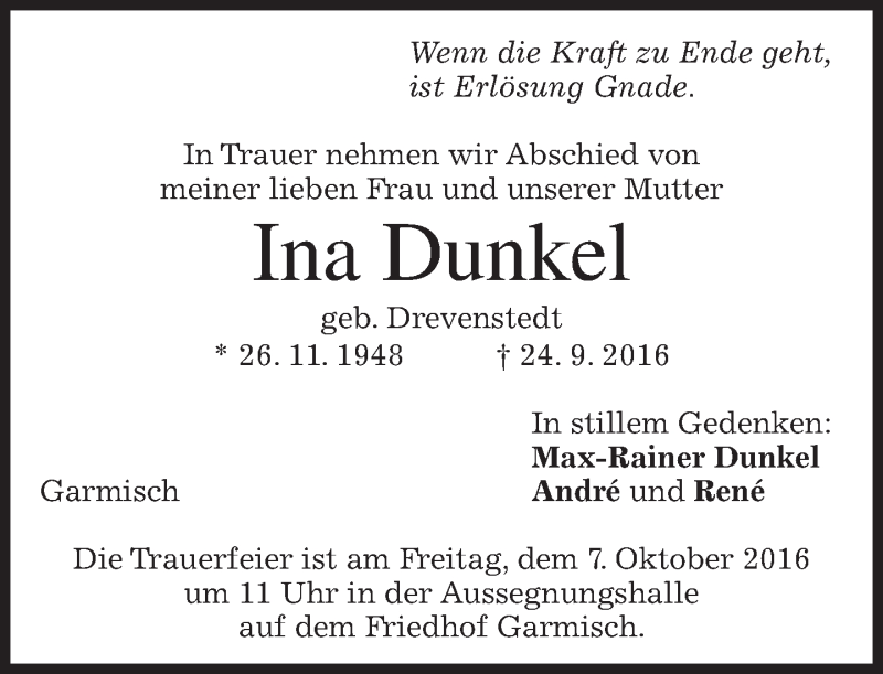  Traueranzeige für Ina Dunkel vom 04.10.2016 aus merkurtz